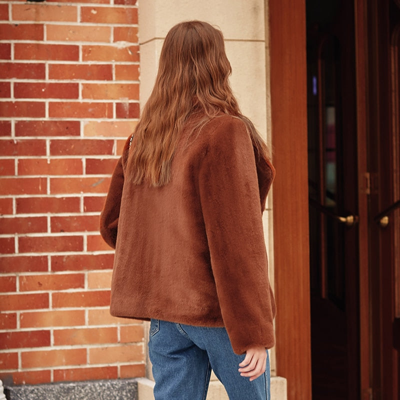 Caramel Fashionable Large Lapel Fur Coat Women's Autumn And Winter Thickened Short Coat
