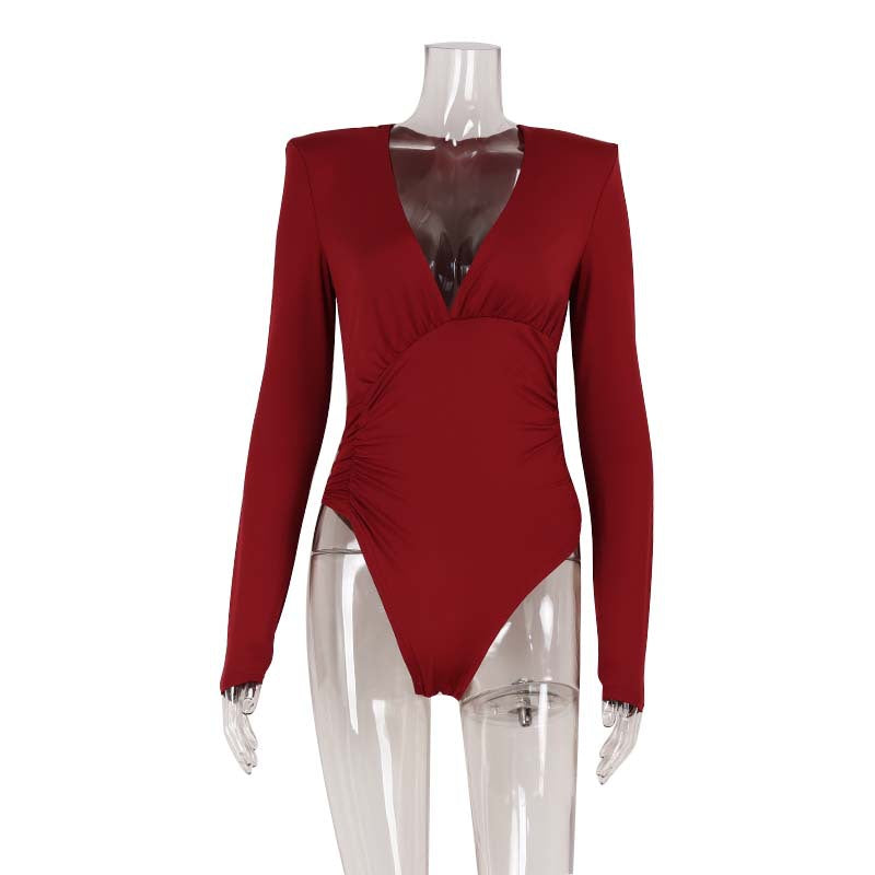 Solid Color High-end Deep V Long-sleeve Padded Shoulder High-elastic Skin-tight Slimming Bodysuit