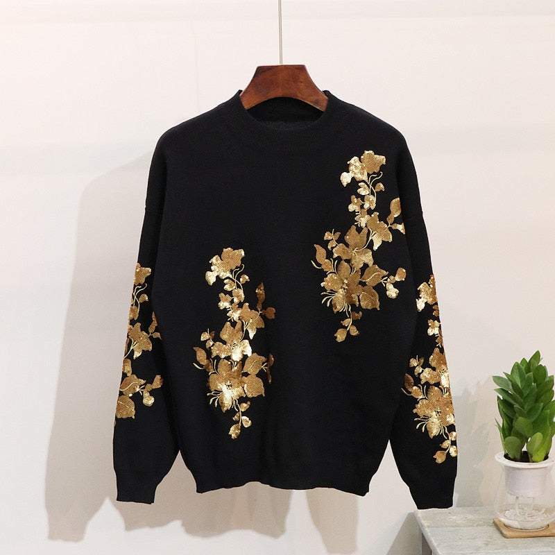 Autumn Women Sequins Flowers Sweater Set Long Sleeve Ladies Knit Pullover Tops + Trousers Winter Fashion Pants Female Tracksuit