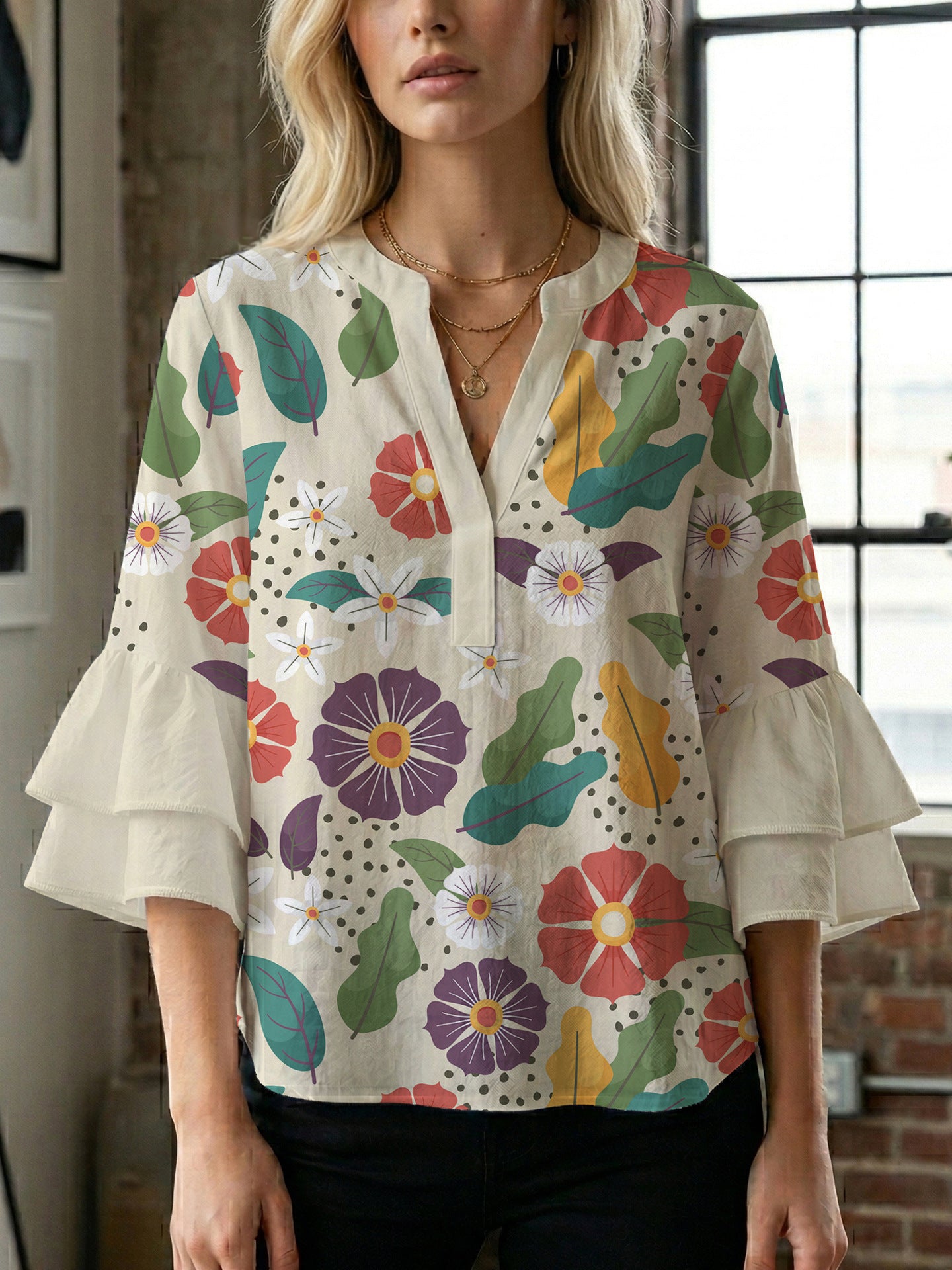 Women's Digital Print Puff Sleeve Top