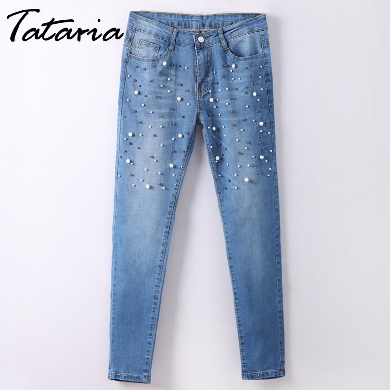 Denim Women Skinny Jeans With Pearls Pants Slim  Pearl Jeans Woman 2018 Mid Waist Pencil Jean For Women