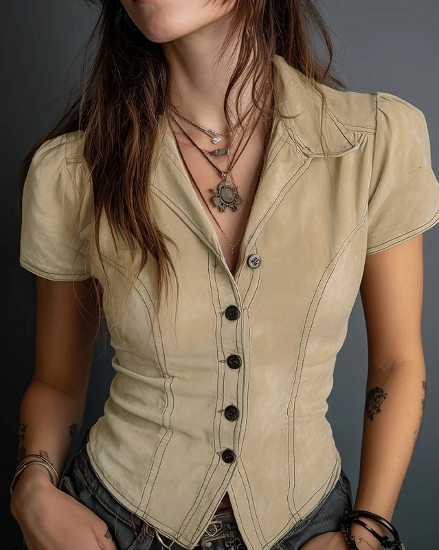 Vintage Waist-Cinched Short-Style Blazer-Collar Short-Sleeve Shirt