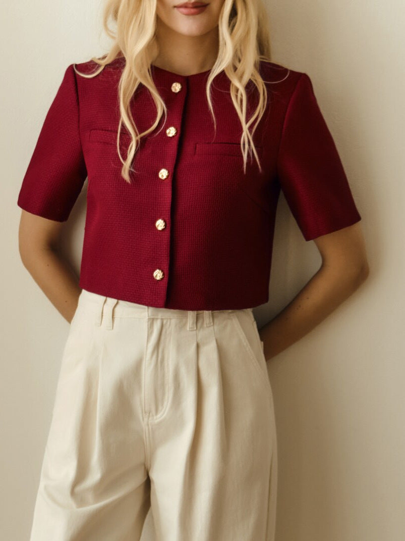 Round Neck Short Sleeve Breasted Coat For Women