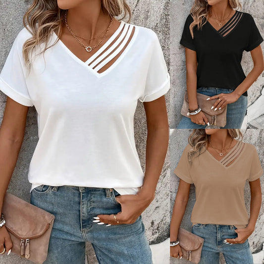 Women's Summer V-neck Slim-fit Short-sleeved Cross Bag Collar Top
