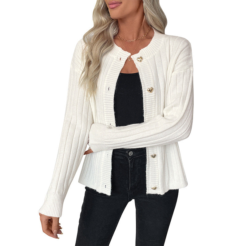 Metal Heart Button Solid Color Sweater Coat Cardigan