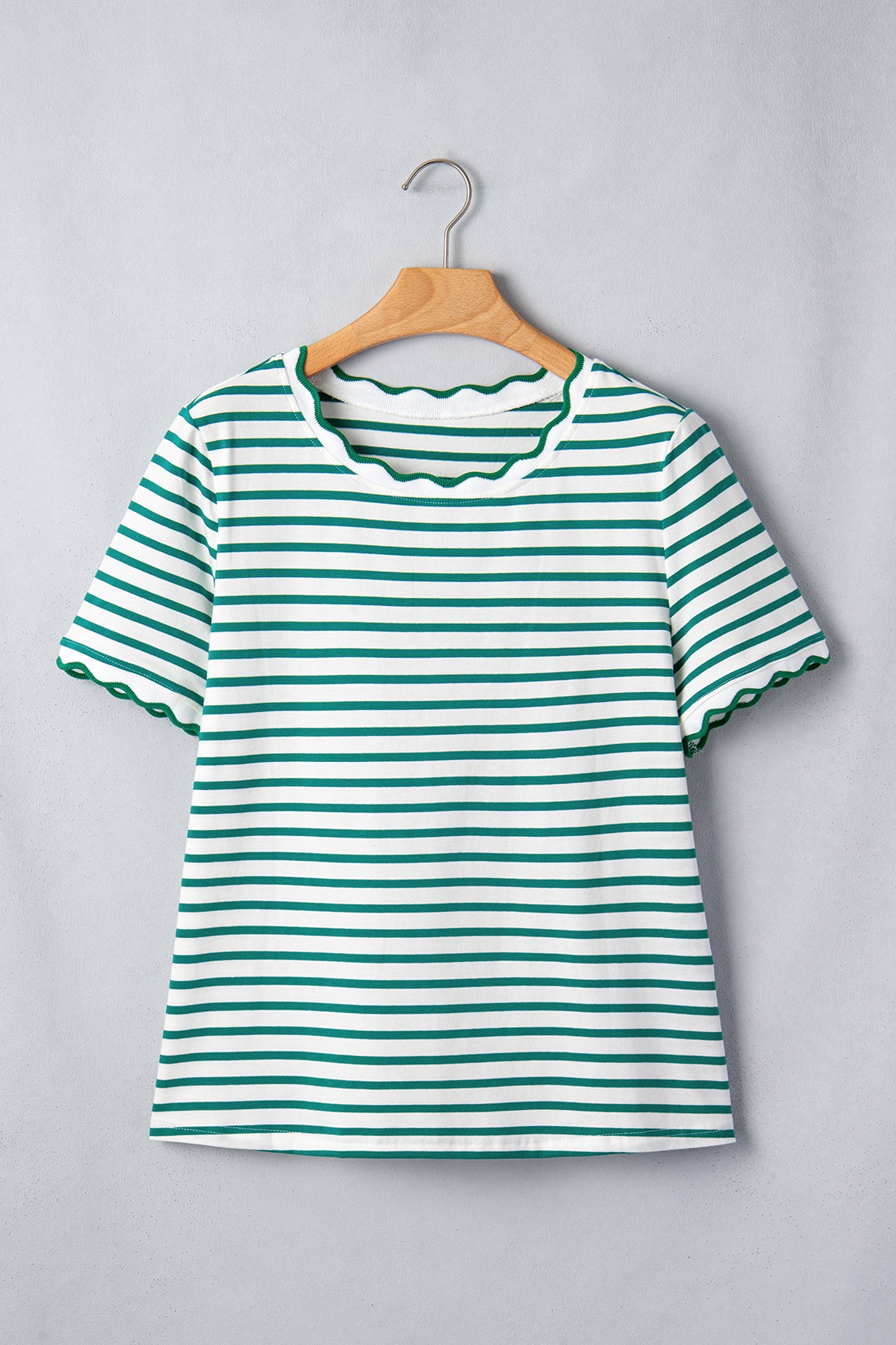 Red Stripe Scalloped Trim Round Neck T Shirt