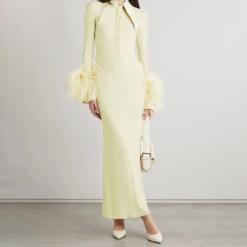 Light Yellow Dress Women Elegant Bandage Long Sleeve Feather Design Party Dress Vestidos