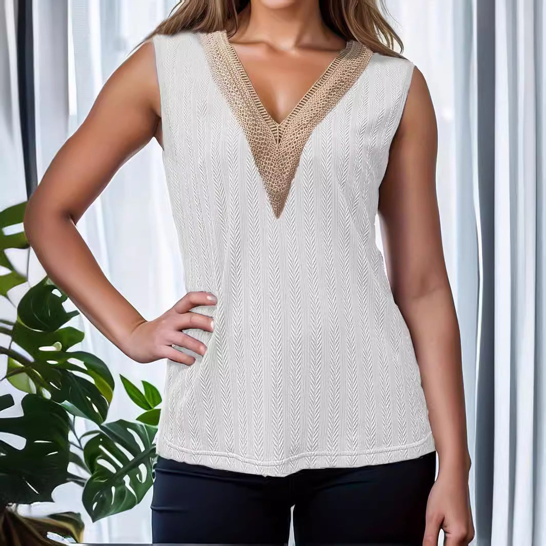 Casual Solid Color And V-neck Lace Stitching Vest For Women