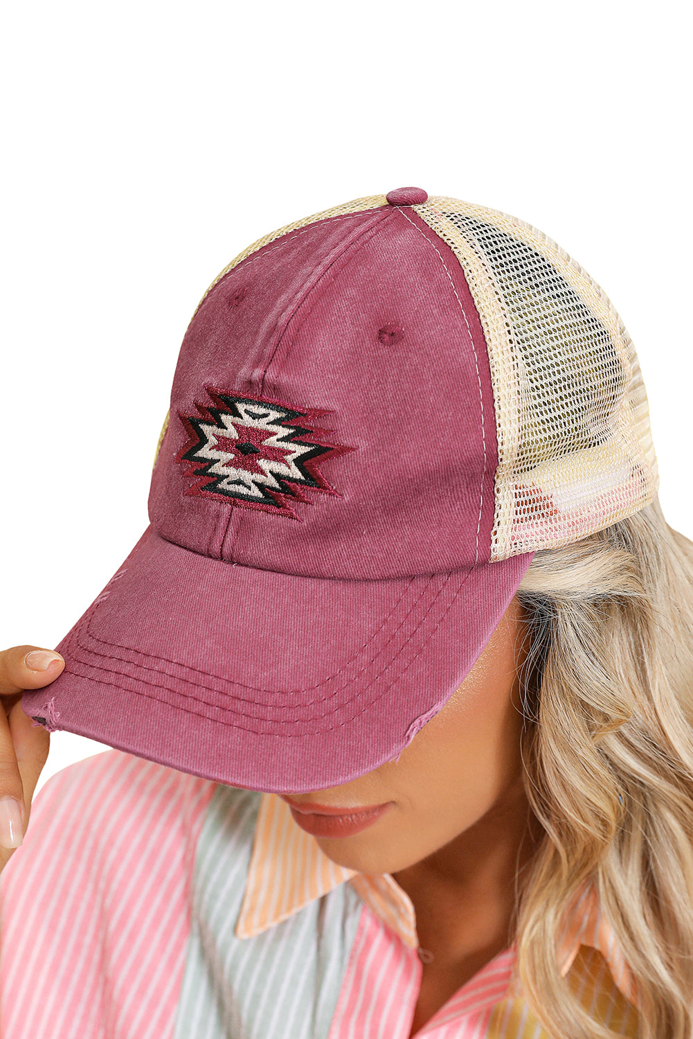 Coral Geometric Pattern Distressed Baseball Cap
