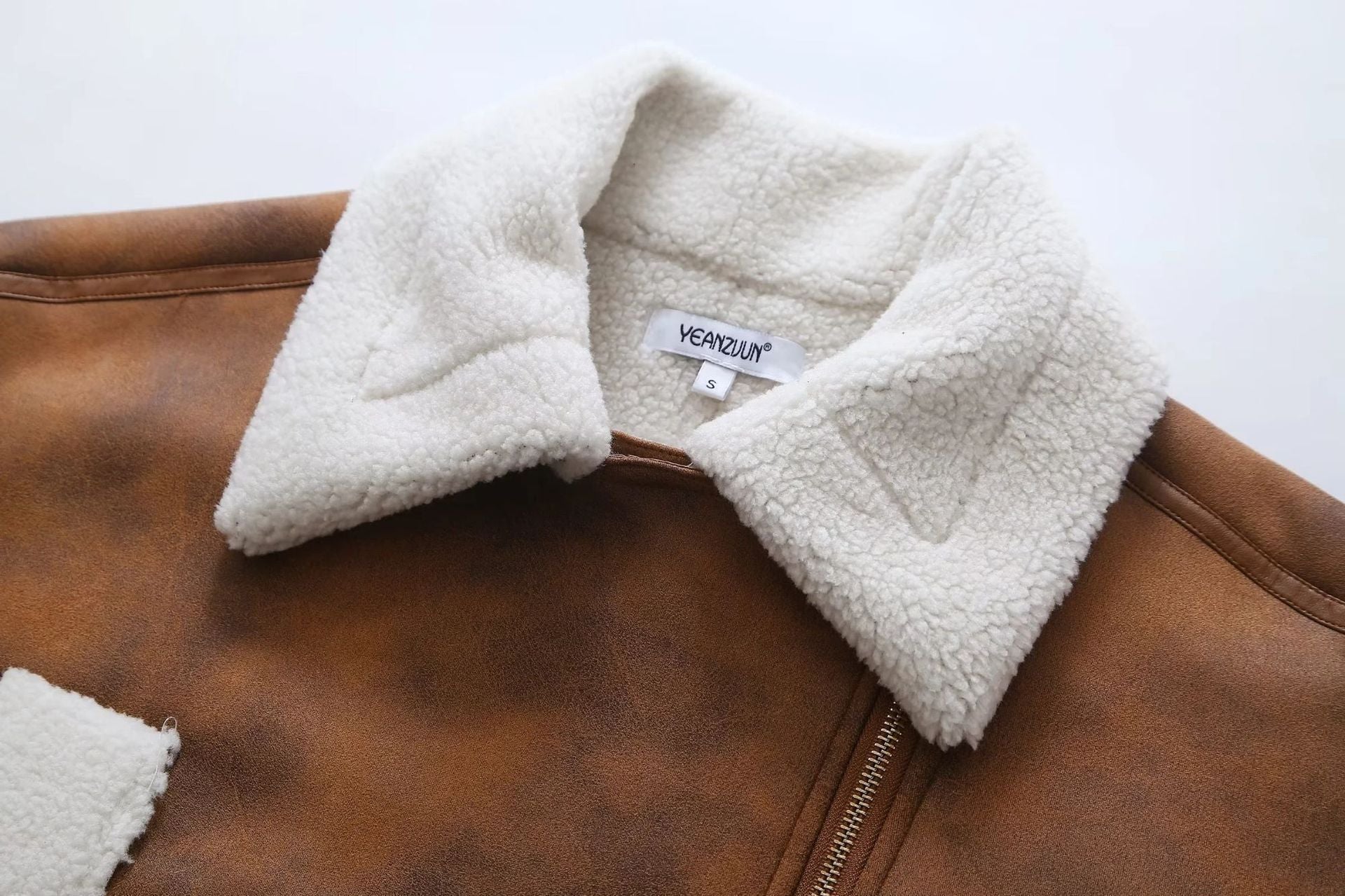 Women's Lapel Loose Short Suede Contrast Color Pocket Side Zipper Lamb Wool Long Sleeve Coat