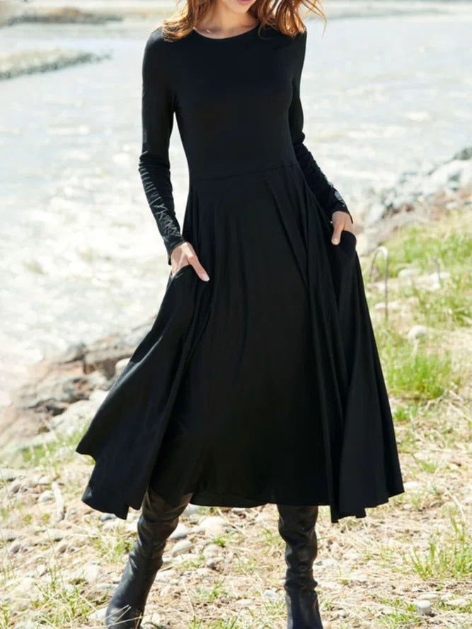 Long Sleeve Round Neck Solid Color Long Women's Clothing Dress