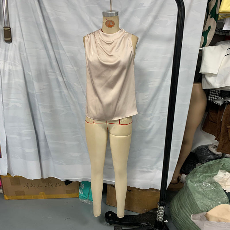 Women's Elegant Sleeveless Mock Neck Top, Ruffle Detail Solid Color Blouse For Office And Casual Wear