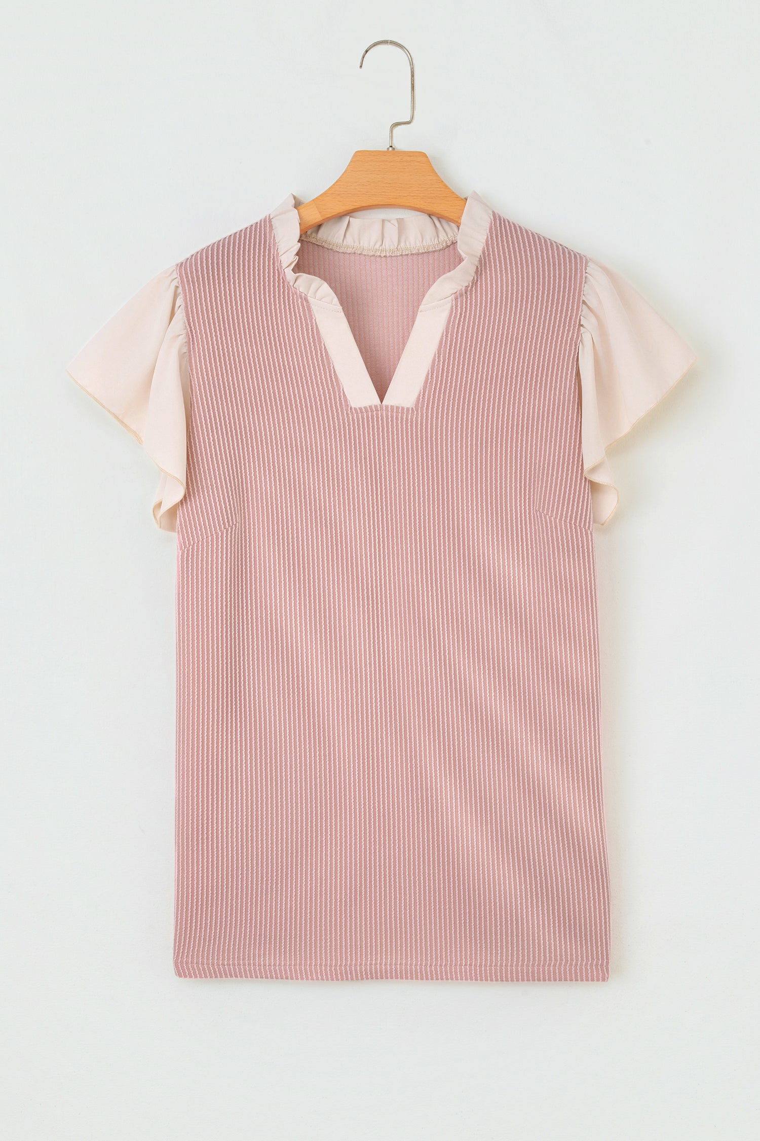 Fushia Plus Size Contrast Frilled Neckline Ruffled Short Sleeve Ribbed Textured Blouse