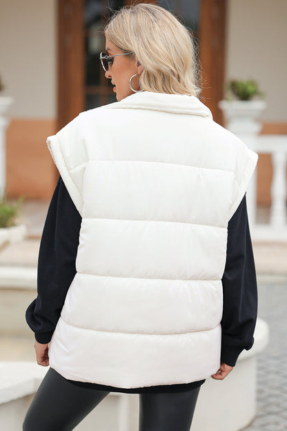 Black Solid Zipper Stand Neck Oversized Puffer Vest