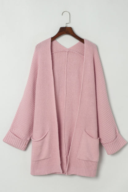 Black Batwing Sleeve Pocket Oversized Cable Knit Cardigan