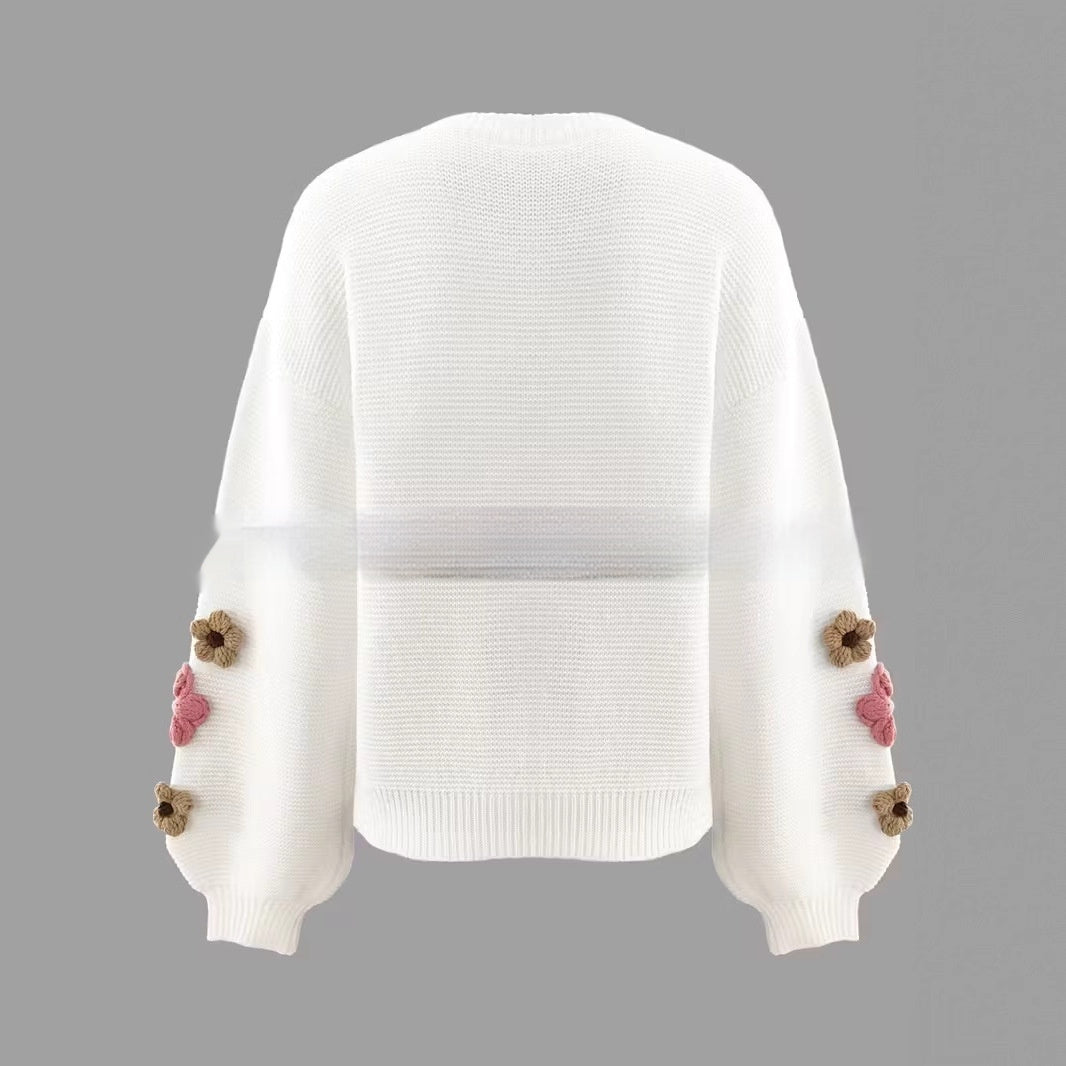 Elegant Knitted Sweater With Colorful Floral Design For Women