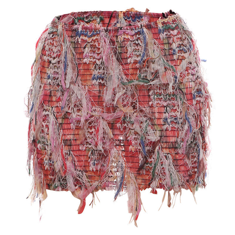 Street Trend Creative Stripes Tassel High Waist Slim Fit Skirt Women