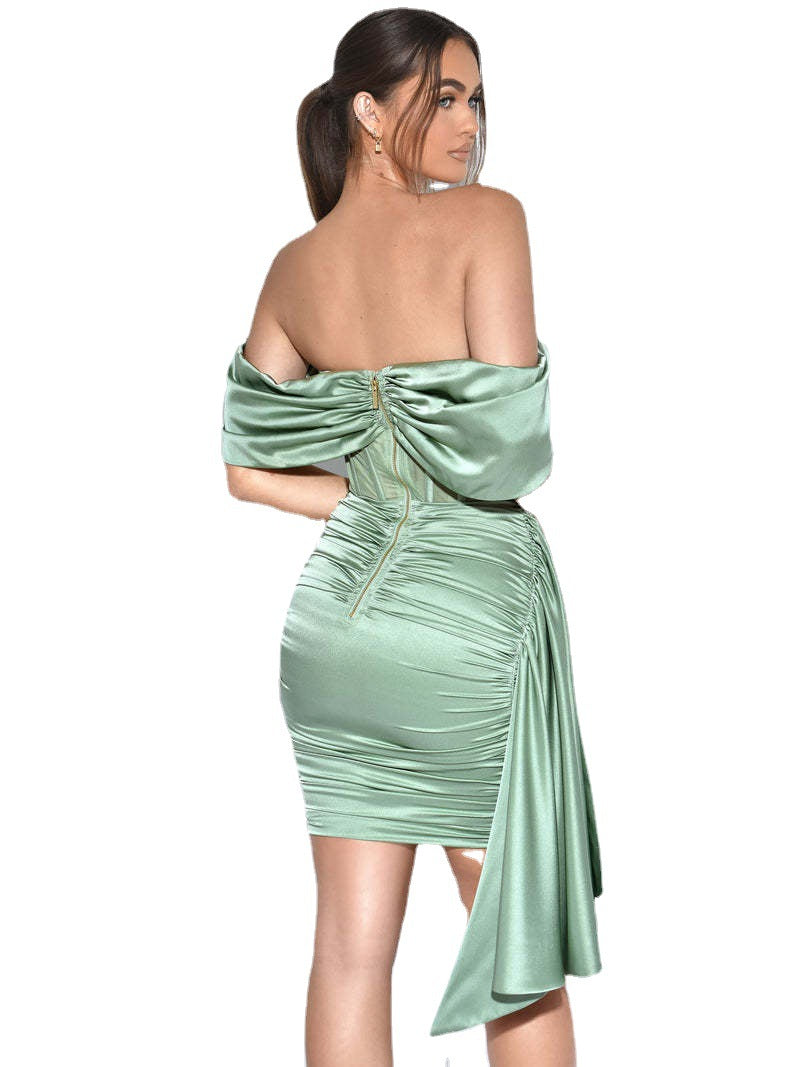 Sexy Solid One-Line Neck Dress Tube Top Gathered Satin Dress