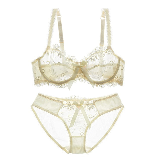 Embroidery Bras Underwear Women Set Plus Size Lingerie Sexy C D Cup Ultrathin Transparent Bra