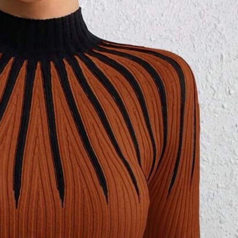 Women's Slim Fit Mock Neck Sweater, Ribbed Striped Long Sleeve Knit For Fall Winter 2025