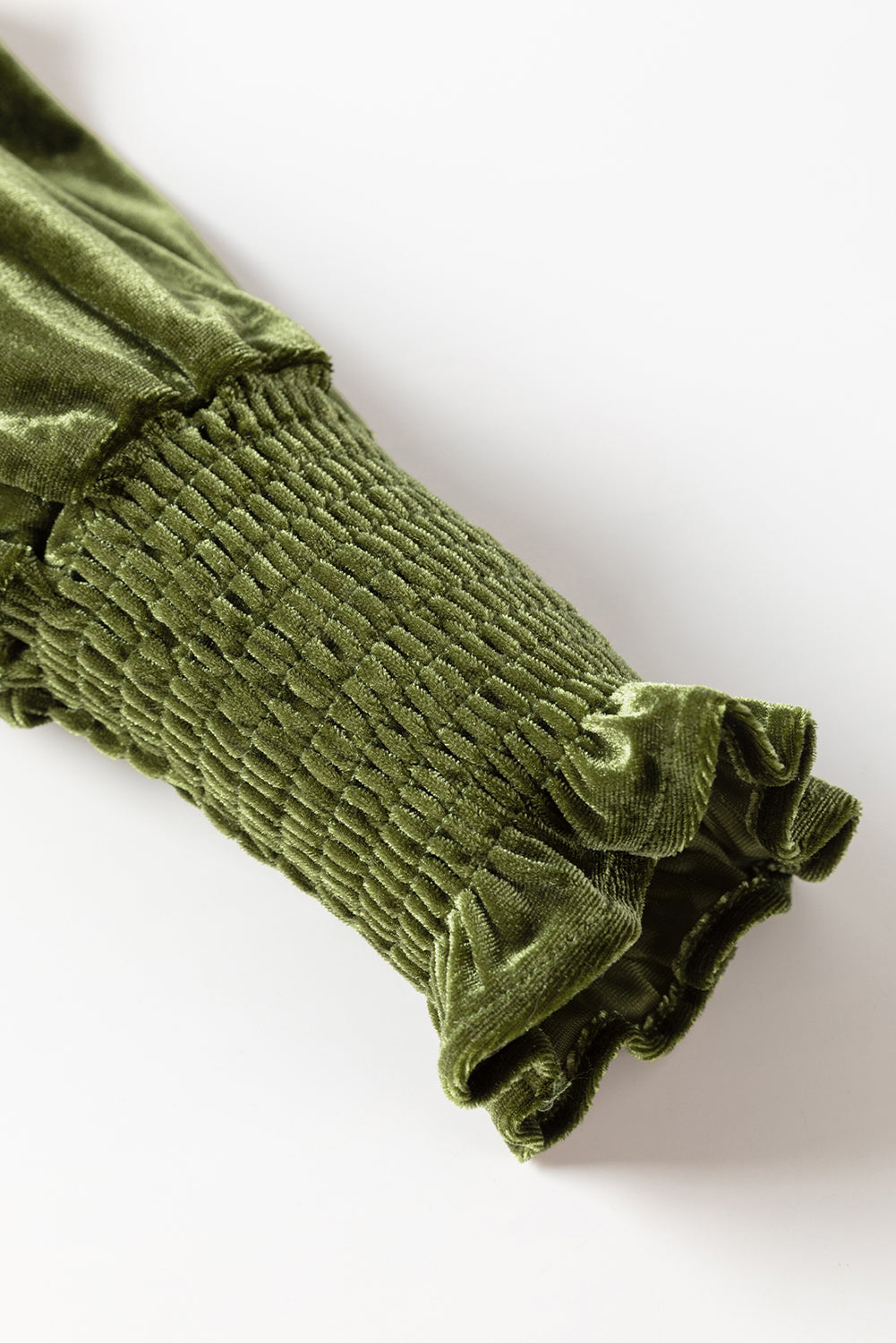 Green Smocked Lantern Sleeve Frilled Velvet Dress