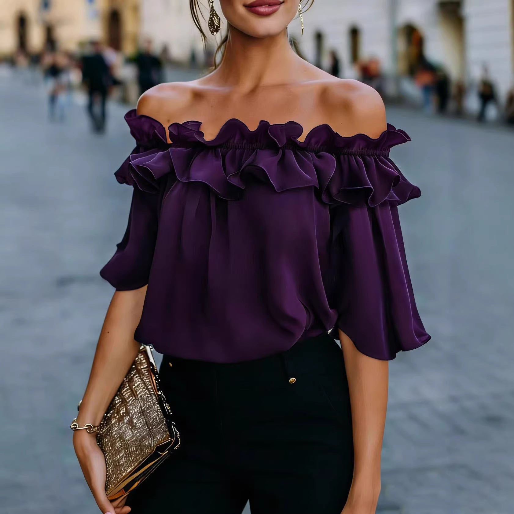 Solid-color Sexy Loose Off-shoulder Shirt