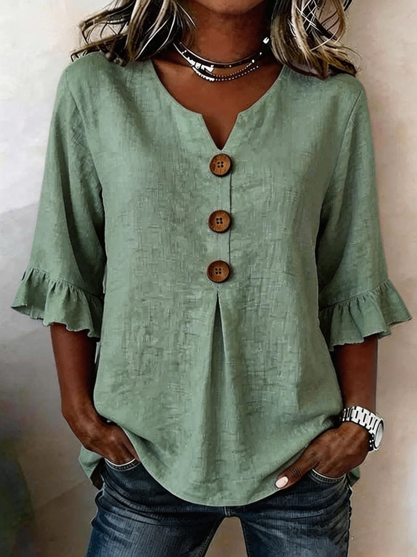 Women's V-neck Cotton-linen Button-up Top