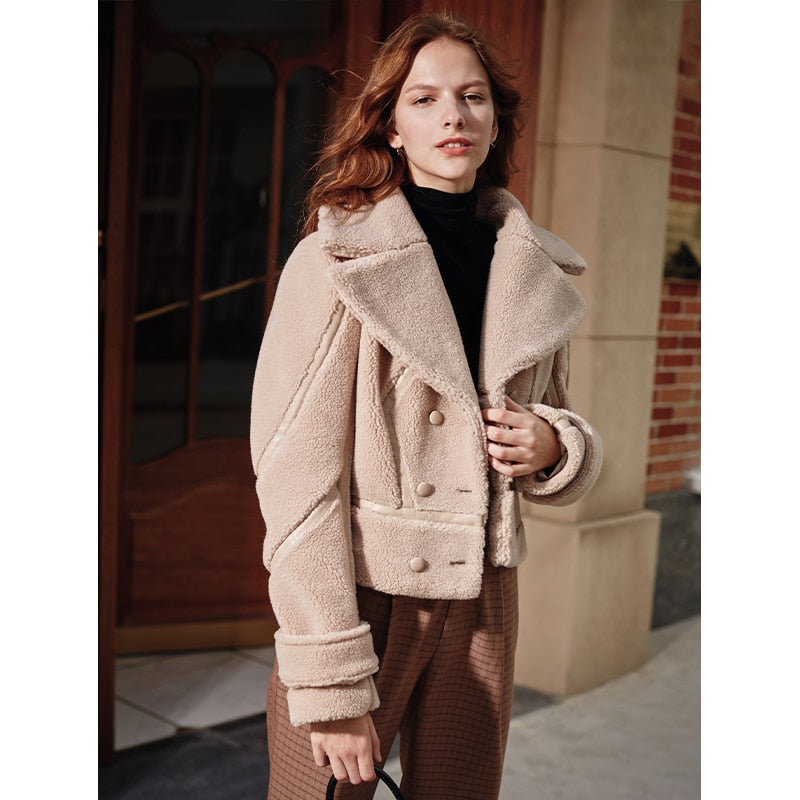 Lapel Warm Locomotive Fur One-Piece Lamb Wool Coat In Winter