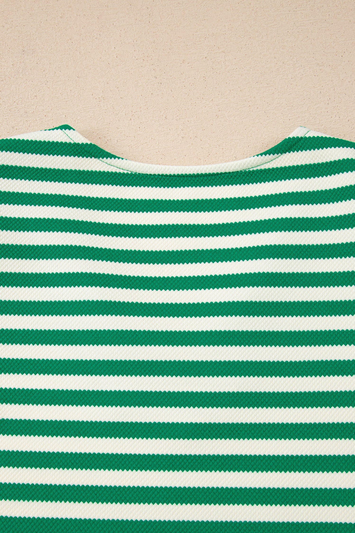 Green Stripe Puff Short Sleeve Patchwork V Neck Blouse