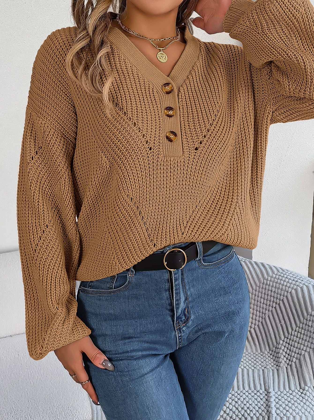 Women Hollow Out V-Neck Button Lantern Sleeve Pullover Sweater