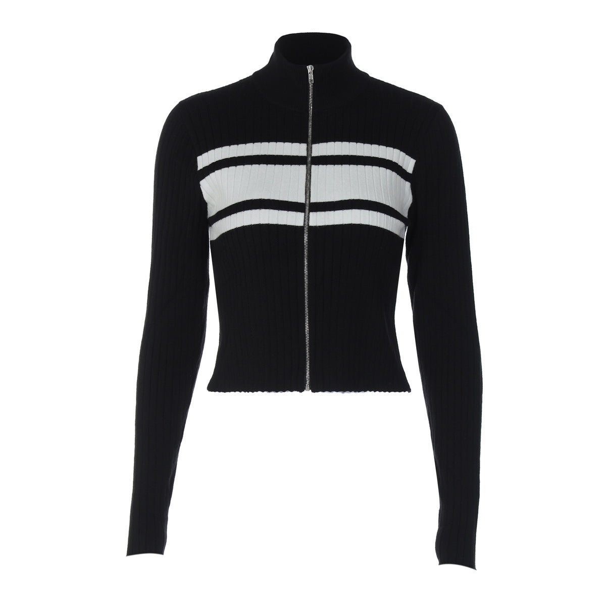 Contrast Zip Cardigan Tops Slim Long Sleeve Sweater