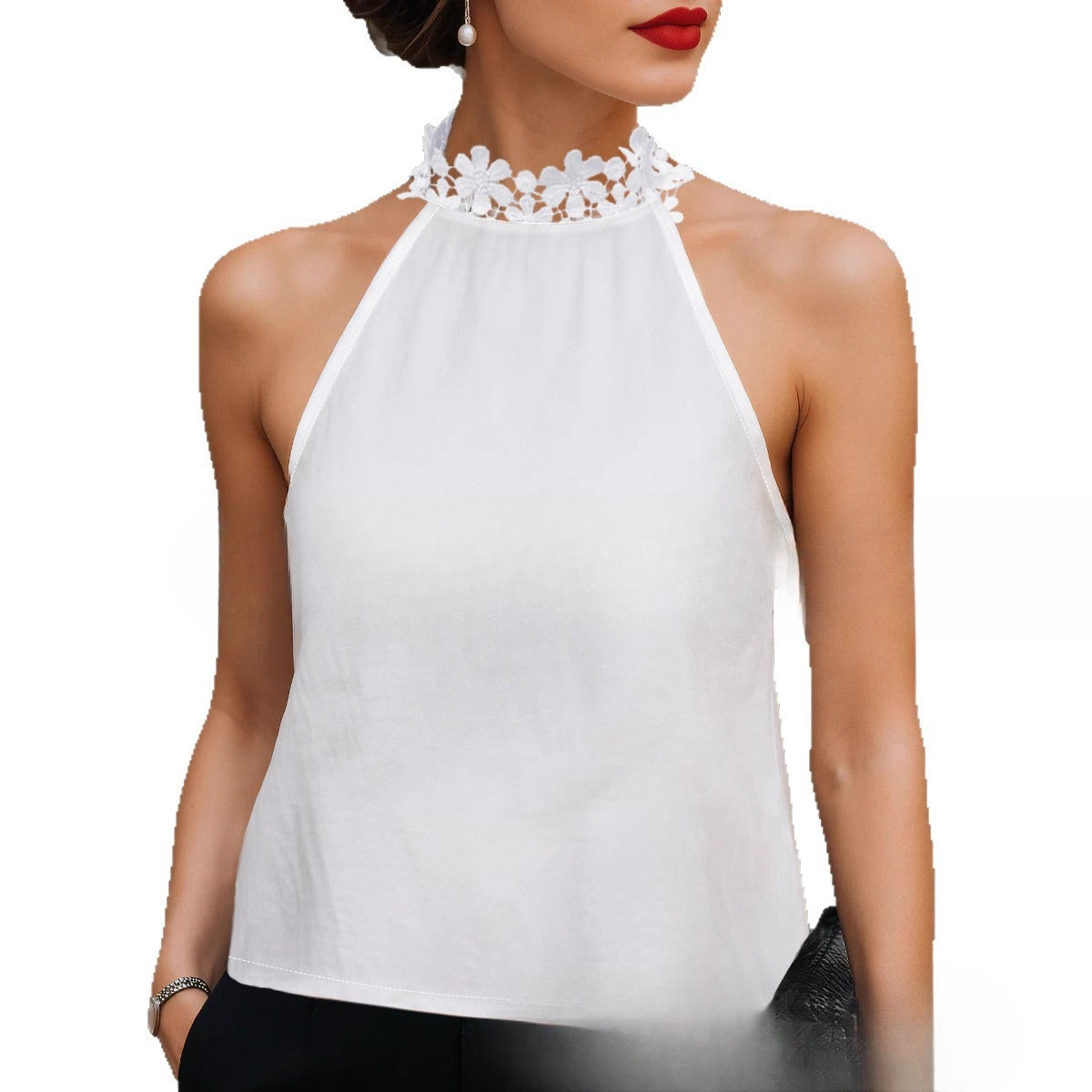 White High-neck Lace Floral Silk Sleeveless Casual Vest