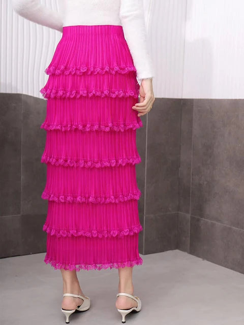 Autumn New Pleated Cake Skirt For Women High Elastic Waist Solid Color Wrap Hip Elegant Skirts Female Fashion