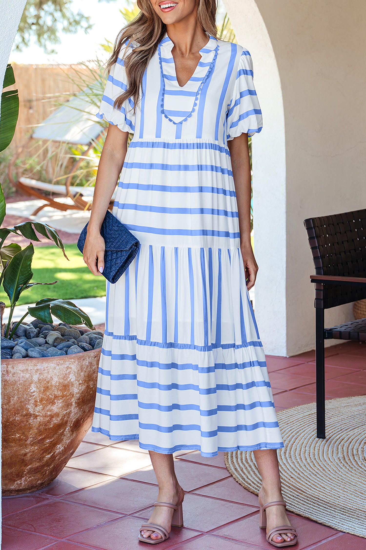 Pink Stripe Ricrac Trim Notched Neck Half Sleeve Vacation Dress