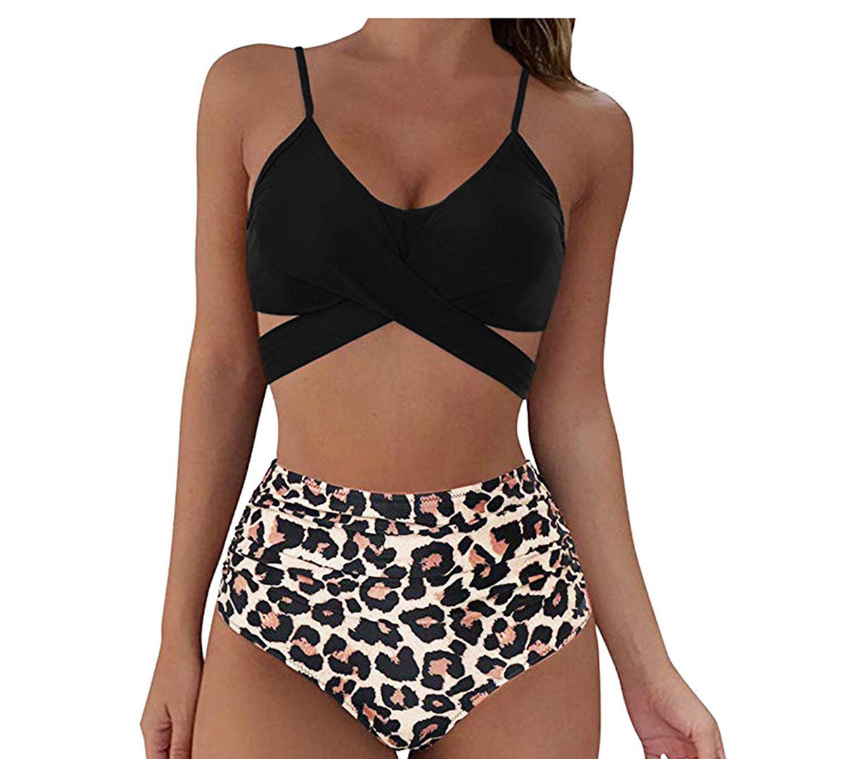 European and American swimsuit women's sexy solid color split bikini lace up high waisted leopard print cross tight swimsuit