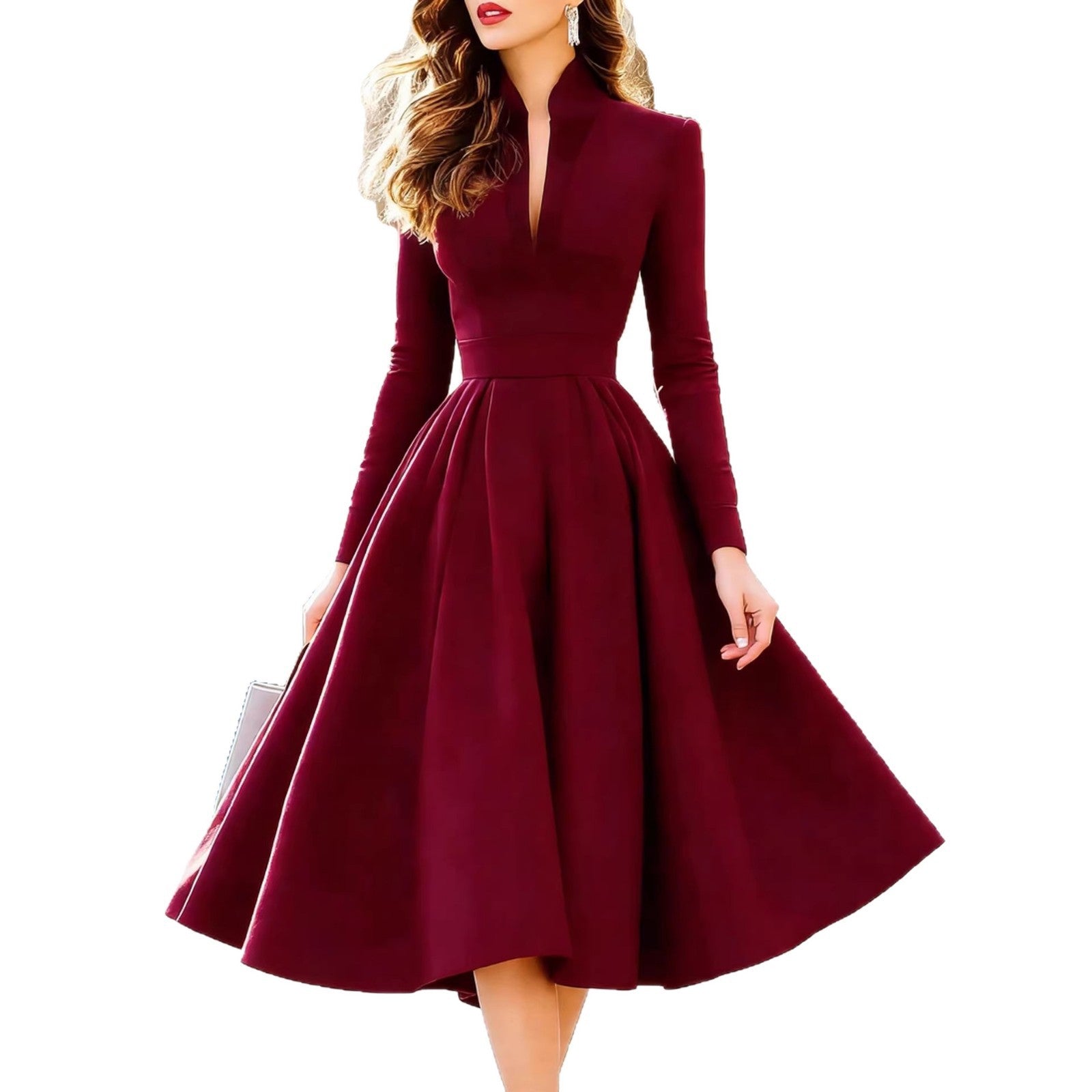 Stylish And Elegant V-neck Satin Long-sleeve Dress With A Tie Waist
