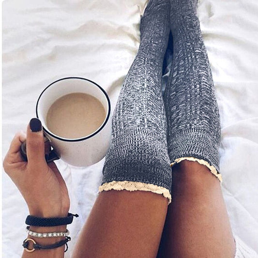 Fashion Ladies Knee High Lace Socks Women Over Knee Socks Thigh High Thick Lovely Girl Knitting Long Stockings