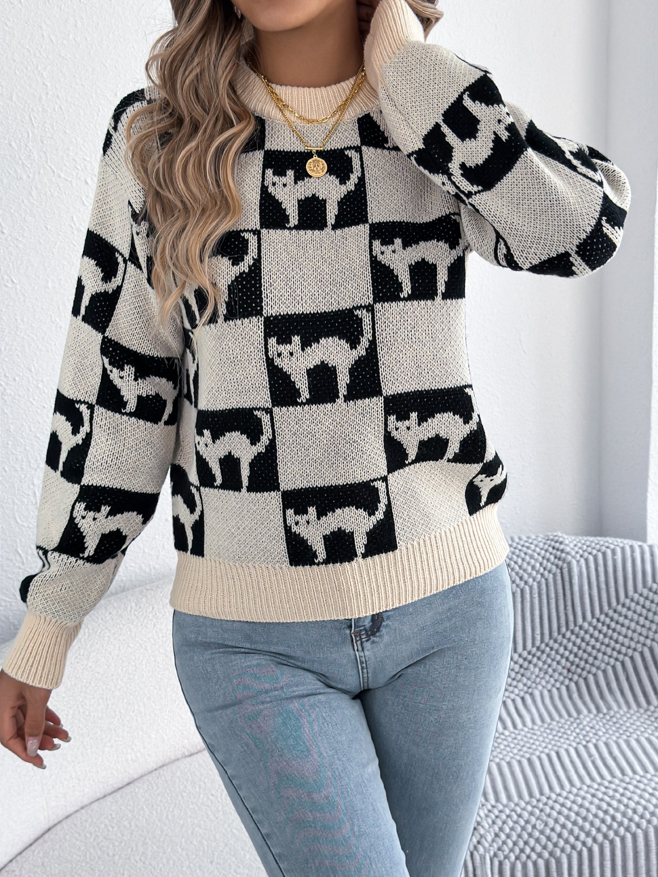 Women Halloween Plaid Lantern Sleeve Long Sleeve Pullover Sweater