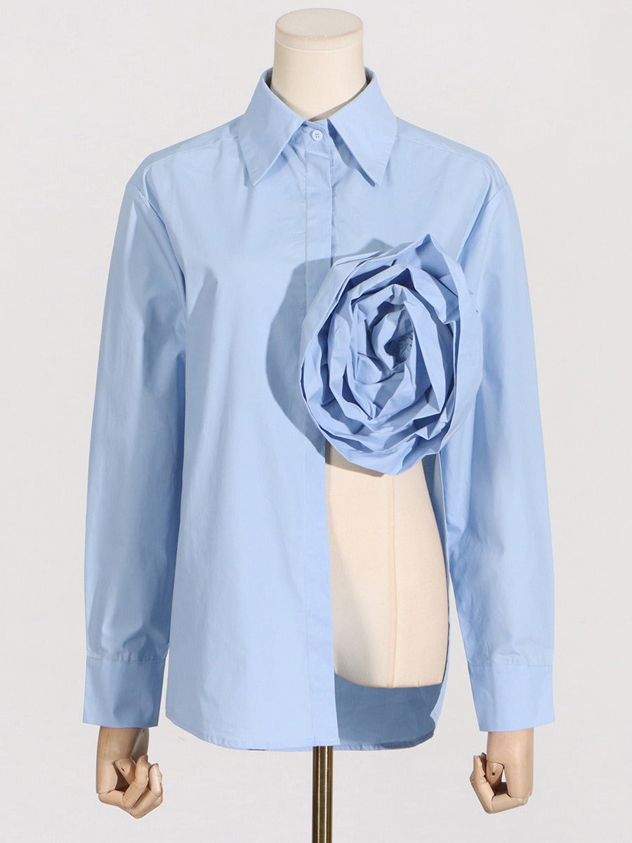 Casual style lapel flower splicing design with hollowed out slit style long sleeved top for women