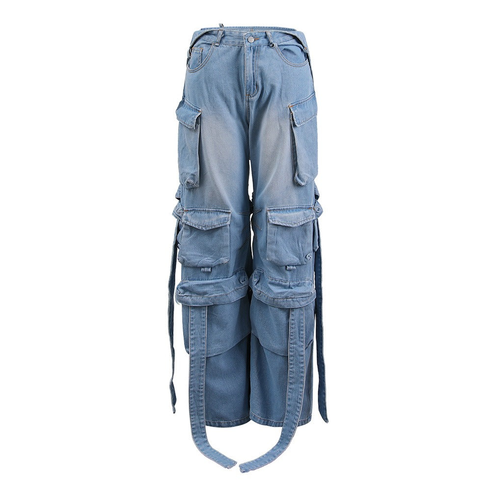 Heavy industry multi pocket denim pants with decorative straps and split back work pants