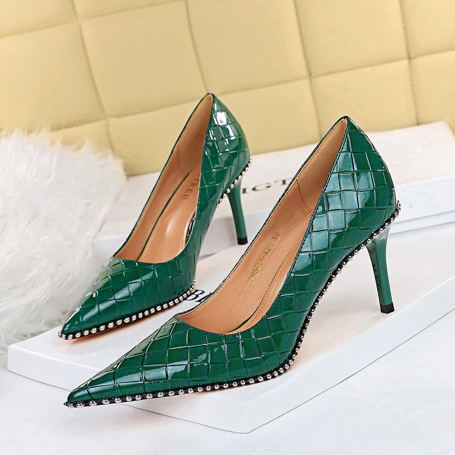 Retro Sexy High Heels Women's Shoes Super High Heel Shallow Mouth Pointed Metal Chain Rivet Shoes