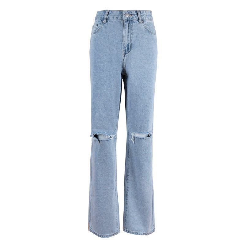 Blue Ripped Holes Straight Jeans, Loose Fit Slant Pockets Non-Stretch Casual Denim Pants, Women's Denim Jeans & Clothing