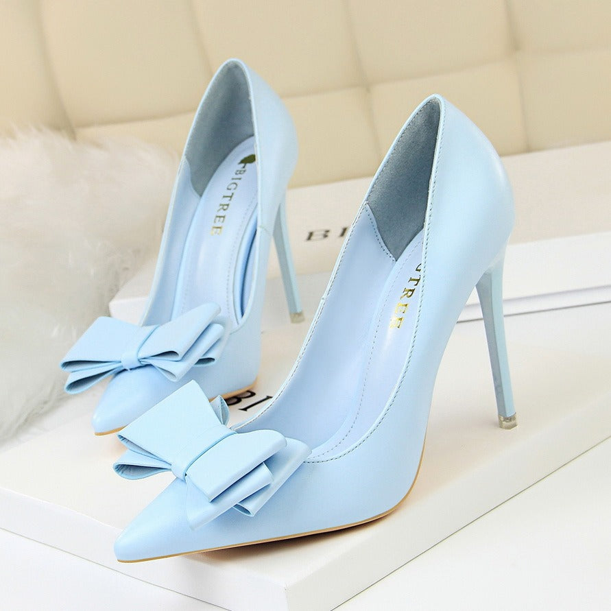 Sweet high heels, slim high heels, delicate and slim, shallow mouthed pointed bow sole shoes