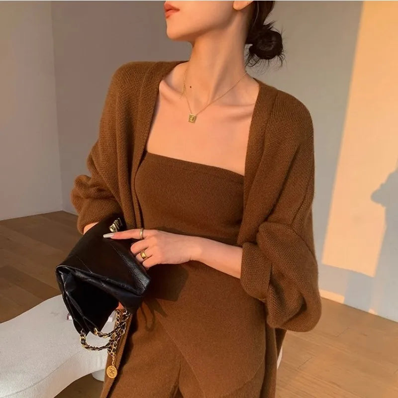 Fashion Knitting Set Women'S Autumn/Winter High Grade Sweater Cardigan Coat With Bra+Slim Fit Wide Leg Pants