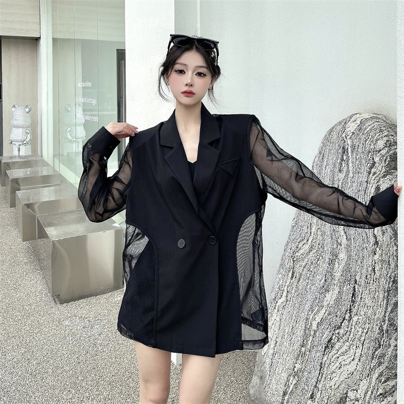 Summer thin spliced suit jacket for women with design slightly see-through long-sleeved mesh suit top for women