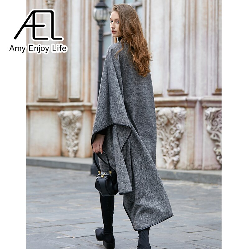 Medium Long Cape Style Street Woolen Coat New Herringbone Pattern Cloak Coat For Women In Winter