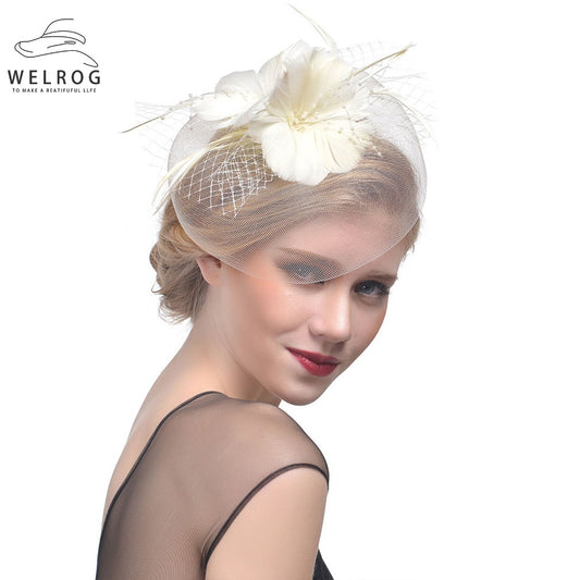 WELROG Feather Cap Lady Cocktail Dinner Party Fedoras Wedding Bridal Mesh Veil Hats Vintage Sombreros Chapeau Fascinators Hat