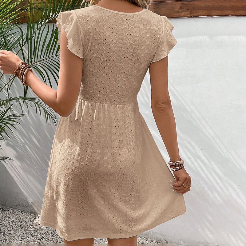 Women's V Neck Lace Mini Dresses Casual Summer Ruffle Sleeve Crochet Sundresses