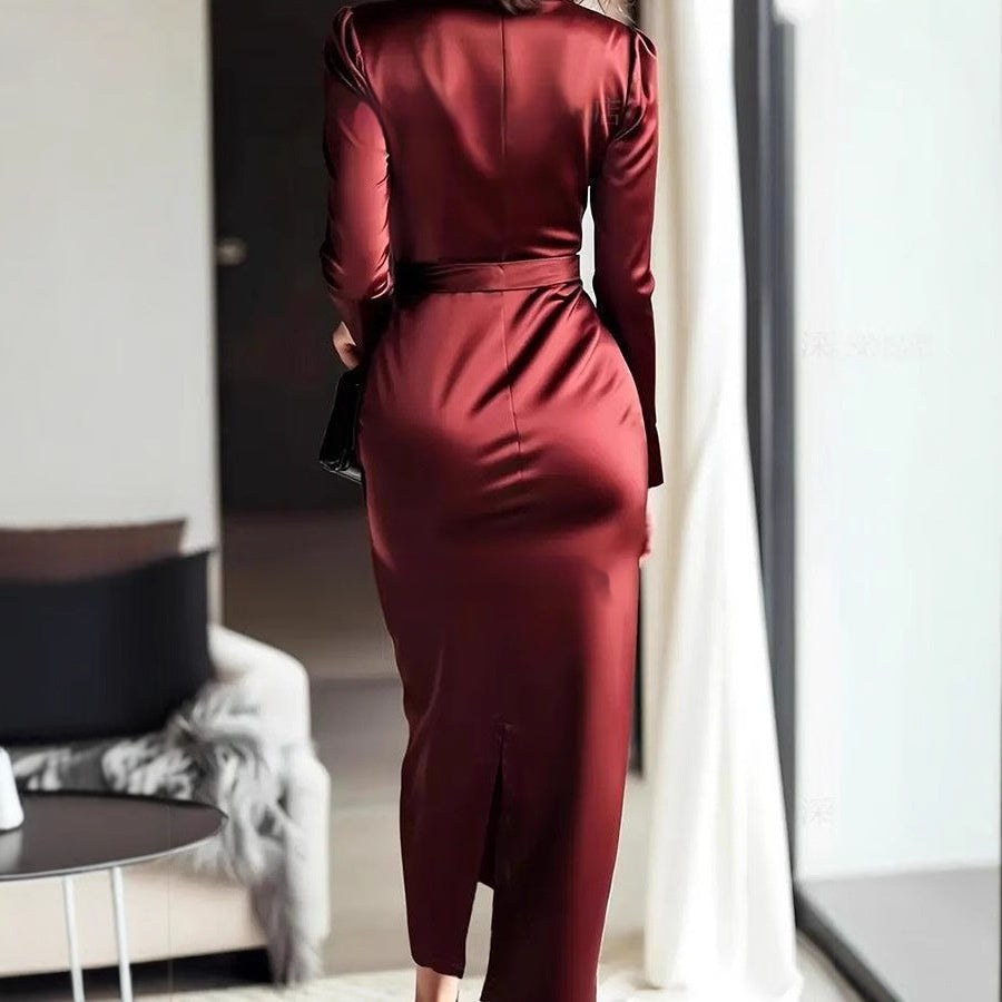 Womens Solid-Color Satin V-Neck Bodycon Dress With A High-End Finish