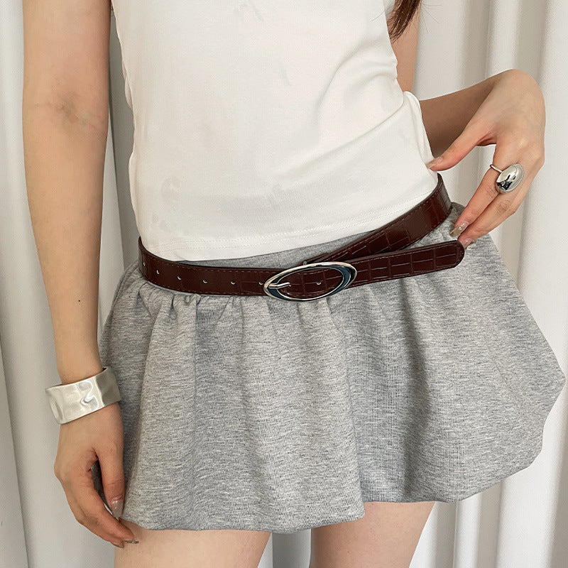 Fashion Lychee Pattern Belt Women's Oval Buckle Red High-grade All-matching